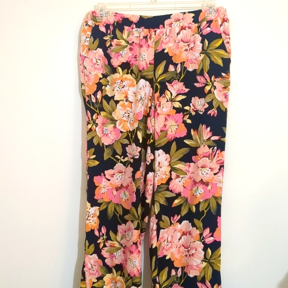 LOFT Navy Wide-Leg Floral Pants with Pink and Green Bloom